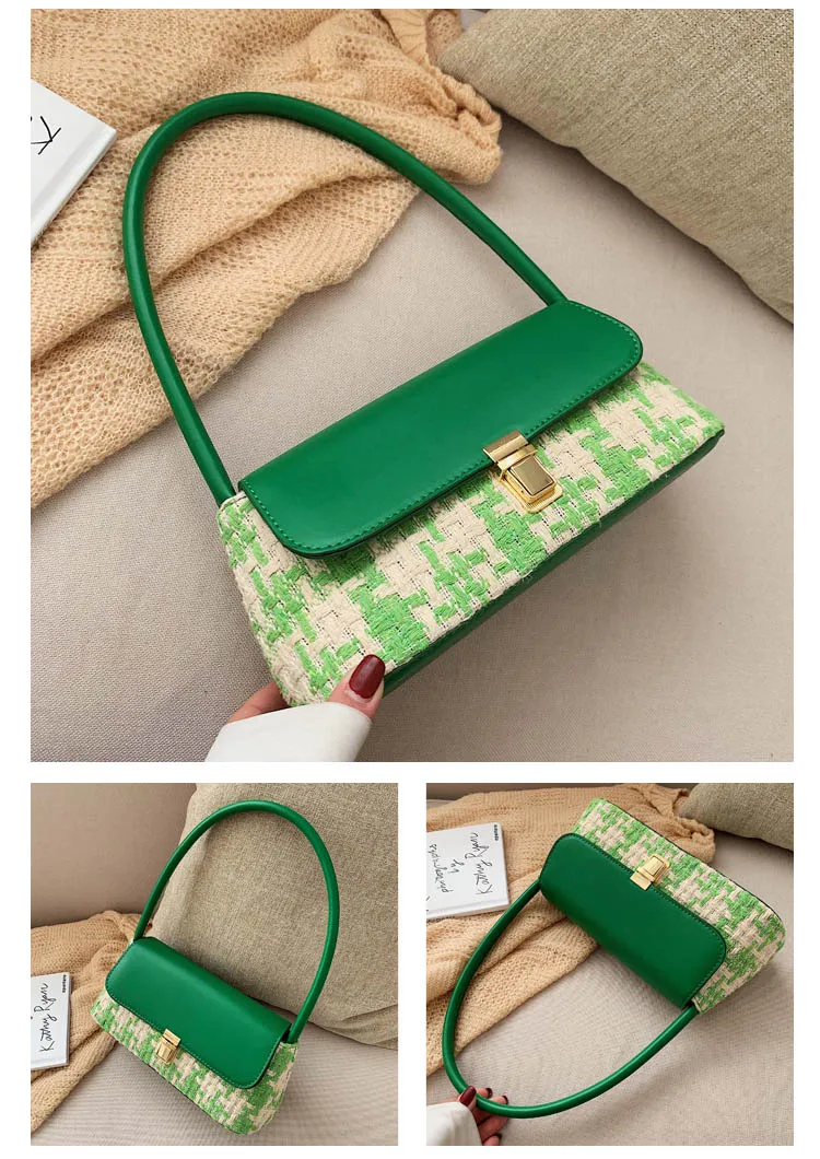 Winter Wool Plaid Small Shoulder Bag for Women Modern Handbags Mini Baguette Bags PU leather Lock Tote Black White Red Green Bag (15)