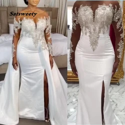 African Plus Size Wedding Dresses With Detachable Train Sheer Beads Side Slit Mermaid Wedding Dress Sleeves Satin Bridal Gowns