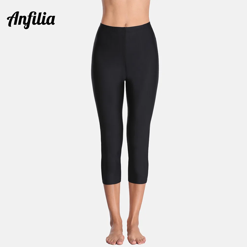 Anfilia/женские Капри для плавания; женские брюки с высокой талией; танкини; низ; купальники; капри; брюки; спортивные плавки - Цвет: Черный