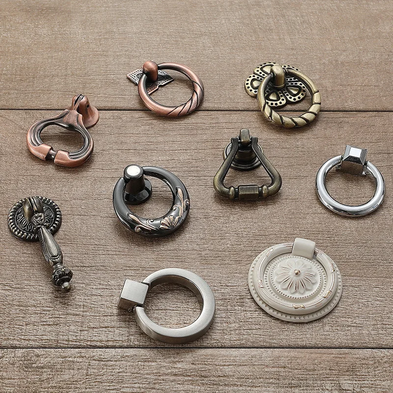 

European Style Drawer Single Hole Handle Wardrobe And Cabinet Ancient Copper Pull Ring Handle Chinese Style Vintage Black And Wh