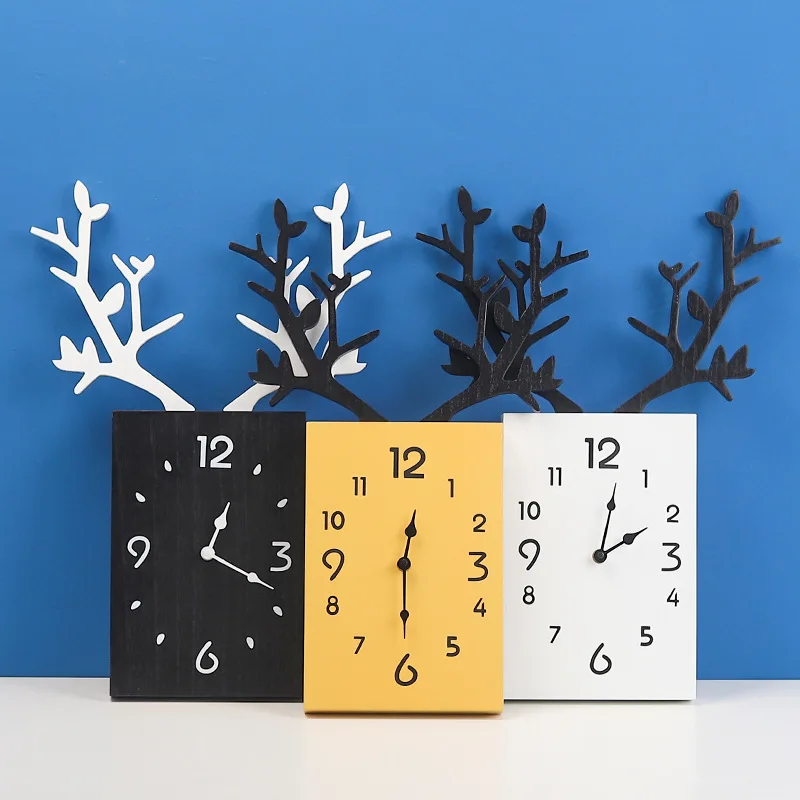 Creative Nordic Minimalist Wooden Antler Wall Clock Home Decor Living Room Bedroom Office Decorative Wall Clock Gift