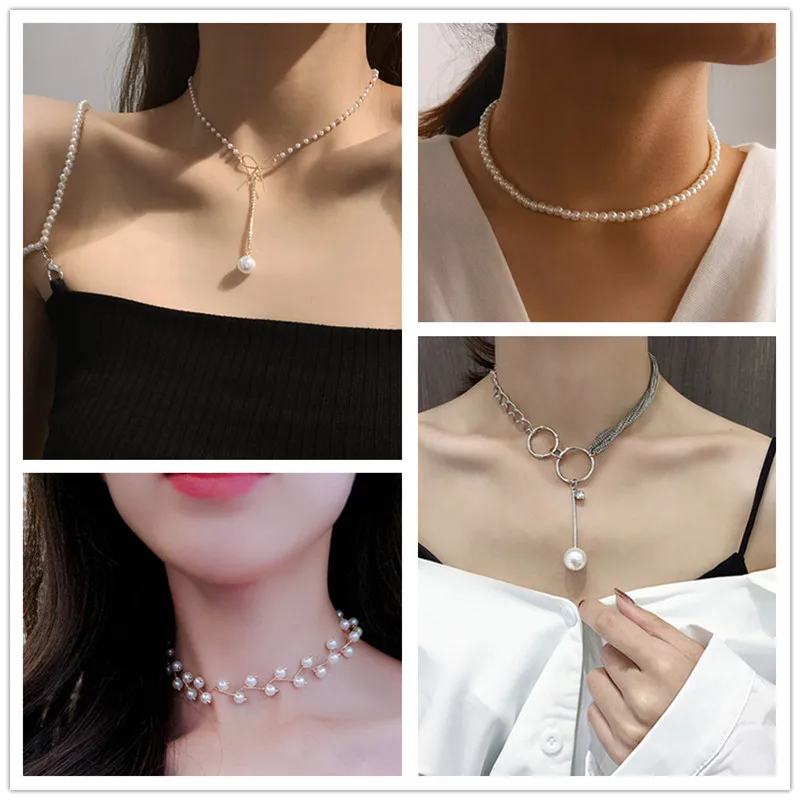 New Korean Pearl Necklaces for Women Gold Color Link Chain