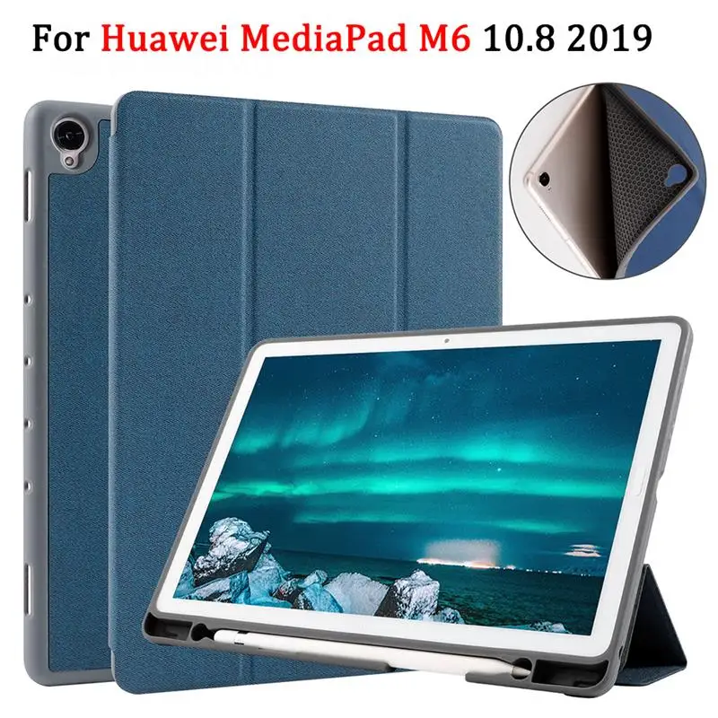 

For Huawei MediaPad M6 10.8 2019 Case with Pencil Holder TPU Leather Tablet Protective Cover Fold Stand Smart Wake Sleep Case