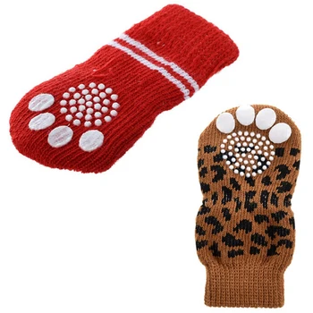 

8 Pcs Nonslip Print Pet Dog Knitted Socks, 4 Pcs Red-White & 4 Pcs Brown-Black