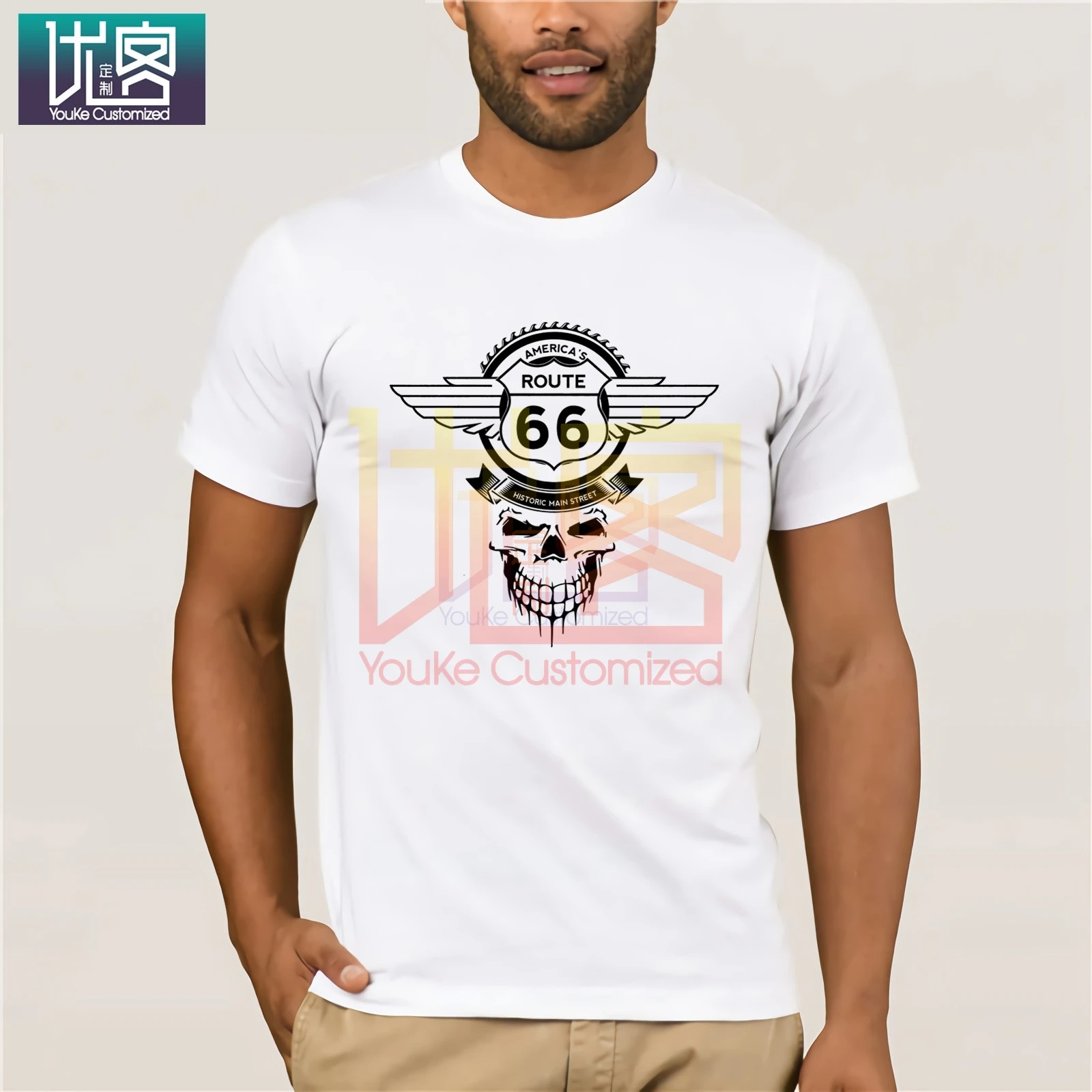 Route 66 T-shirt Men's Casual T Shirts Masks Words Hip Hop Tops Tee Men and Women Print Piece Cotton | Мужская одежда