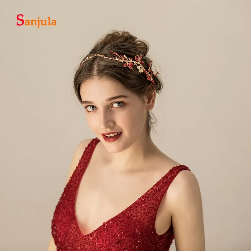 Red Crystals Headband with Gold Metal Elegant Wedding Hair Headpiece Girls Pageant Party Hair Jewelry Decorations O547