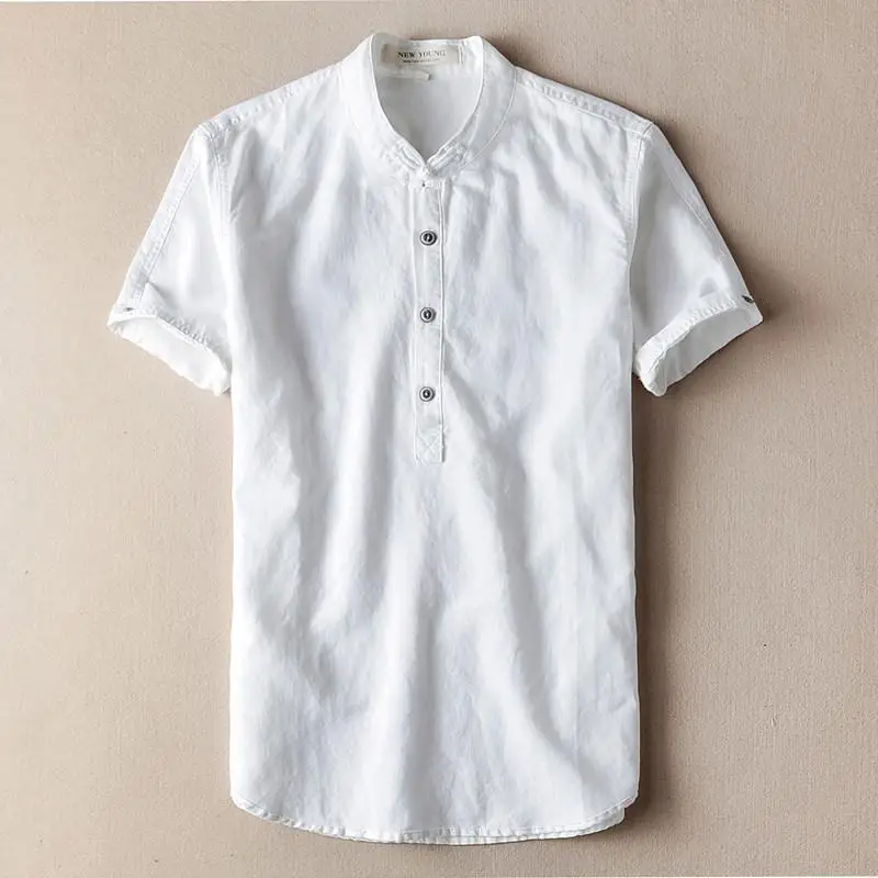 mens shirts summer male clothing Single Breasted Short sleeve Stand collar solid color flax Ventilation man clothes h57 - Цвет: as Pictured