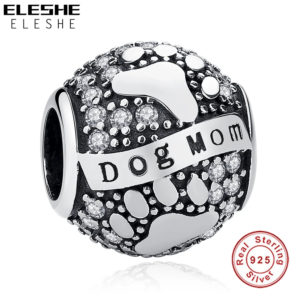 

ELESHE European Bead Charm Fit Original Bracelet 925 Sterling Silver CZ Dog Mom Charms Dog Paw Round Bead for Jewelry Making