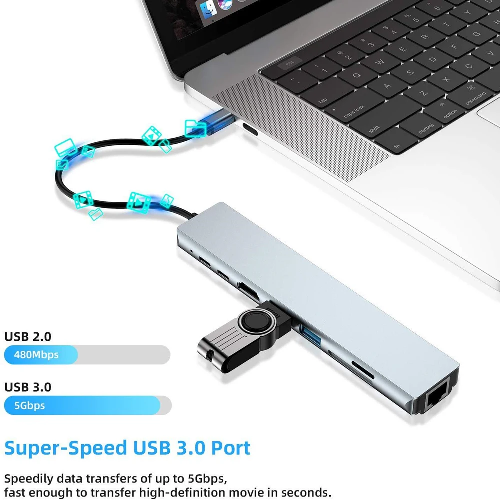 tebe USB Type-C Hub To 4K HDMI RJ45 USB SD/TD Card Reader PD Fast Charge 8-in-1 Multifunction Adapter For MacBook Pro 4