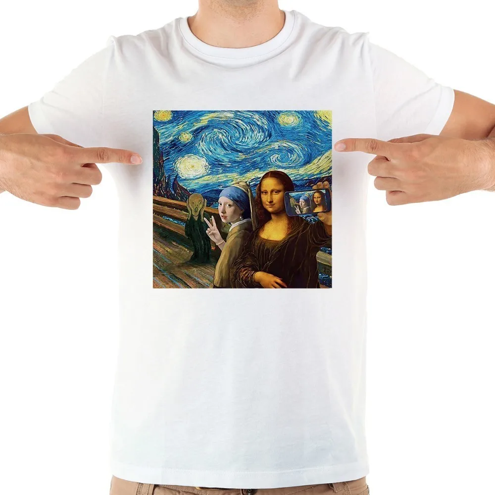 

Mona Lisa Selfie funny tshirt men new white short sleeve casual homme Skrik t shirt