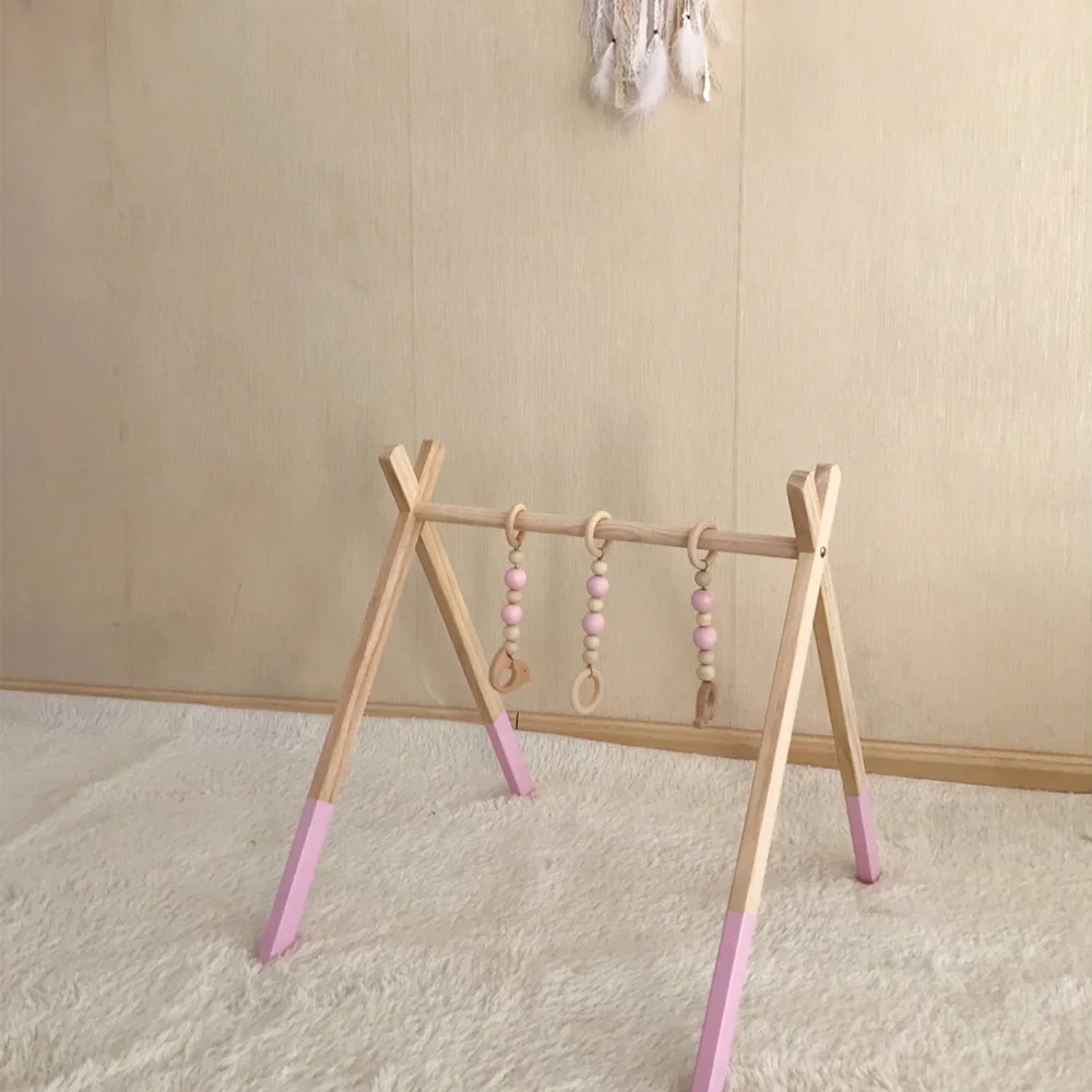 Розовый деревянный детский спортивный с 3 деревянными Прорезыватели для зубов подарок для новорожденных складной детский зал для игр рамка детские развивающие игры Висячие