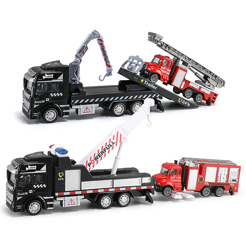 19CM Crane Trailer Tow Fire Rescue Truck Toys Pull Back Alloy Diecasts & Toys Vehicles Ladder Spray Water Car Toy for Kids Y193