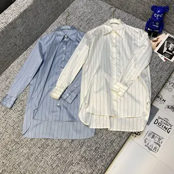 

2019 New Ladies Fashion Long Sleeve Sexy Casual Short Short Long Vertical Striped Silk Shirt 1210