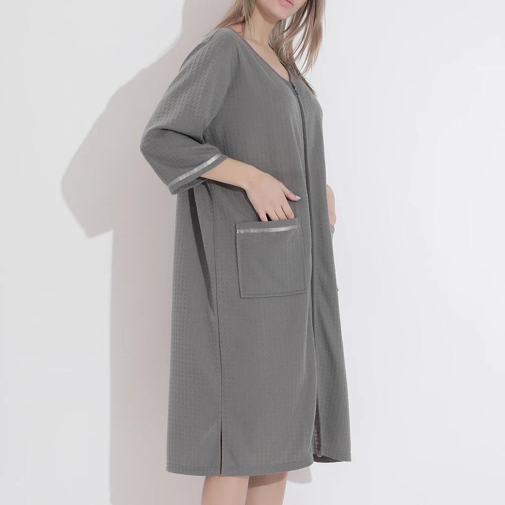 Women Sleepwear Pajamas Bathrobe Nightgown Zipper Pocket Loose Thin Robe Gown 3XL