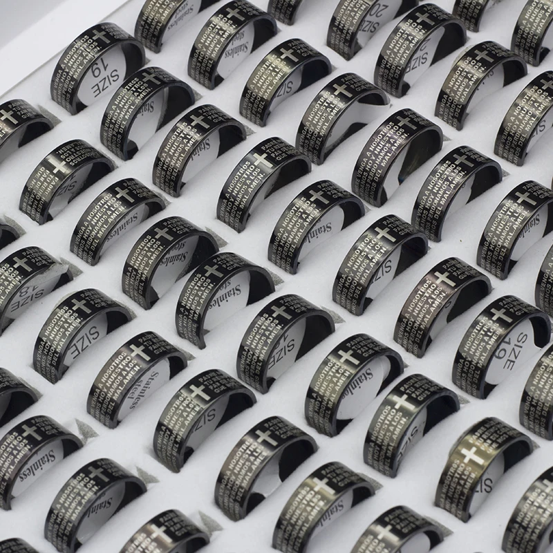 8MM Brand New 50PCS/Lot English Jeremiah Prayer Stainless Steel Etching Polished Band Cross Rings Wholesale Gifts