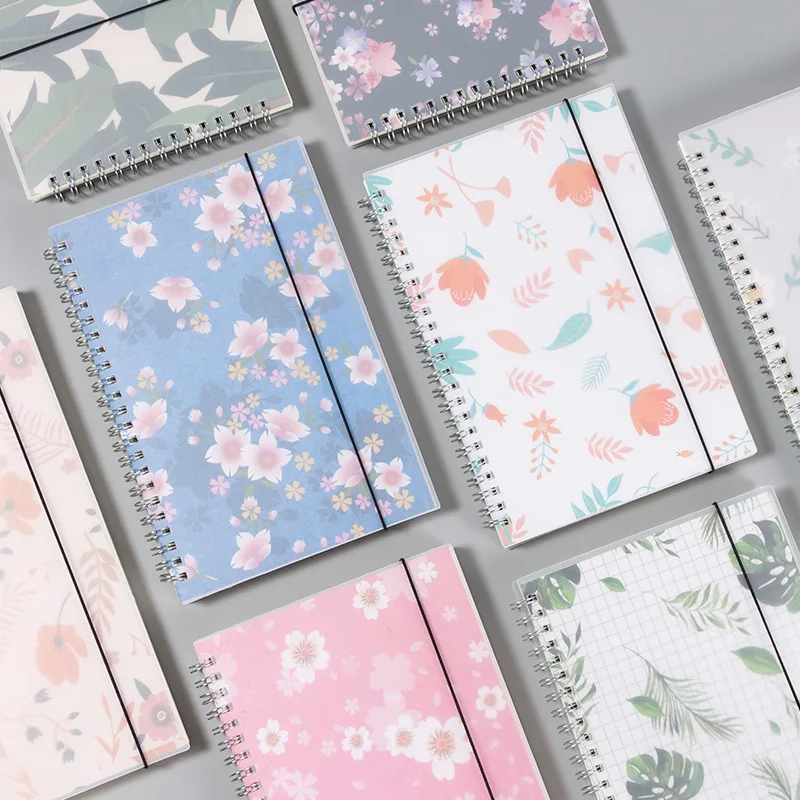 

A5 Dotted Simple Cute Style Fresh floral PP Cover Silver Double Coil Ring Spiral Notebook Diary Blank Dot Grid Line Inside Paper