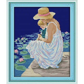 

Mother and son watching fish Chinese cross stitch kits Ecological cotton stamped printed 14 11CT DIY wedding decoration for home