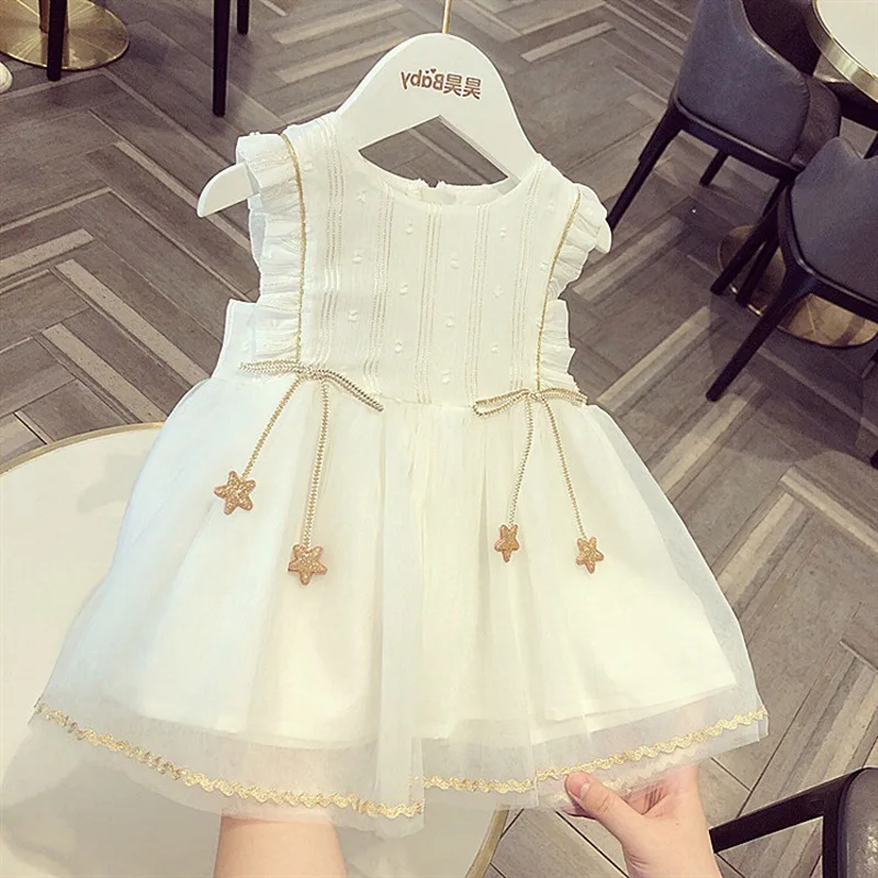 

Baby Girls Birthday Party Wedding Dress for 1 To7 Year Elegant White Sleeveless Lace Mesh Toddler Kids Clothes Princess Dresses
