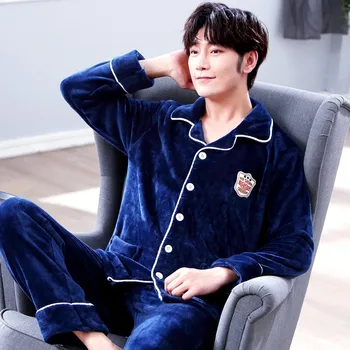 

Oversize 3XL Men Flannel Pajamas Set Winter 2PCS Sleepwear Warm Thick Shirt&Pant Male Casual Pyjamas Suit Loose Sleep Set