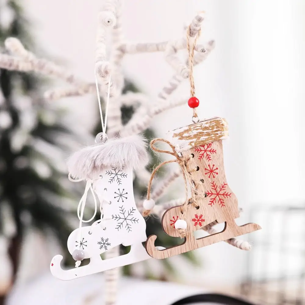 

3PCS Christmas Painted Wooden Printed Skates Hemp Rope Small Pendant Decorations Xmas Tree Kids Drop Embellishment Christmas HH4
