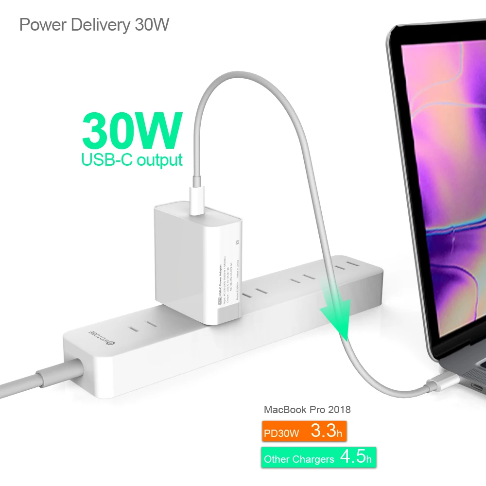 USB C адаптер питания PD/QC3.0 65 Вт/60 Вт/45 Вт/30 Вт TYPE-C настенное зарядное устройство, для USB-C ноутбуков/MacBook/iPad/xiaomi/samsung(USB-C кабель