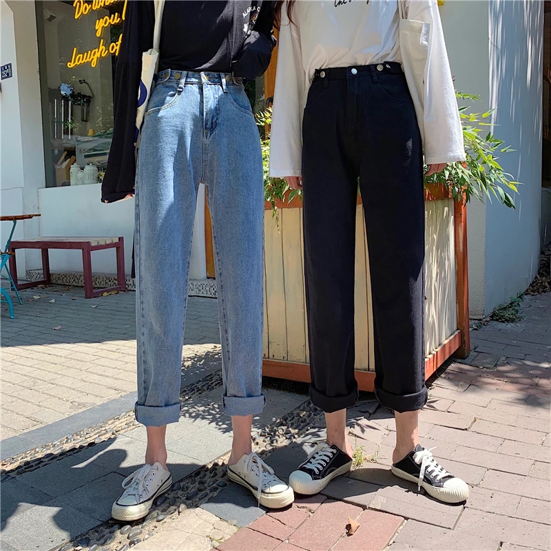 Женские джинсы, простой элегантный корейский стиль, высокая талия, Harajuku, длинные брюки, подходят ко всему, с карманами, на молнии, прямые, для женщин, s, шикарные, для студентов