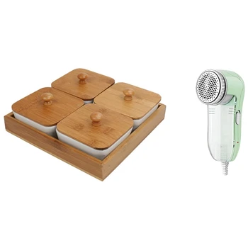 

1Pcs Ceramic Bamboo Dried Fruit Nut Plate Frame with Lid & 1Pcs In-Line Electric Shaver Lint Removal Machine Us Plug