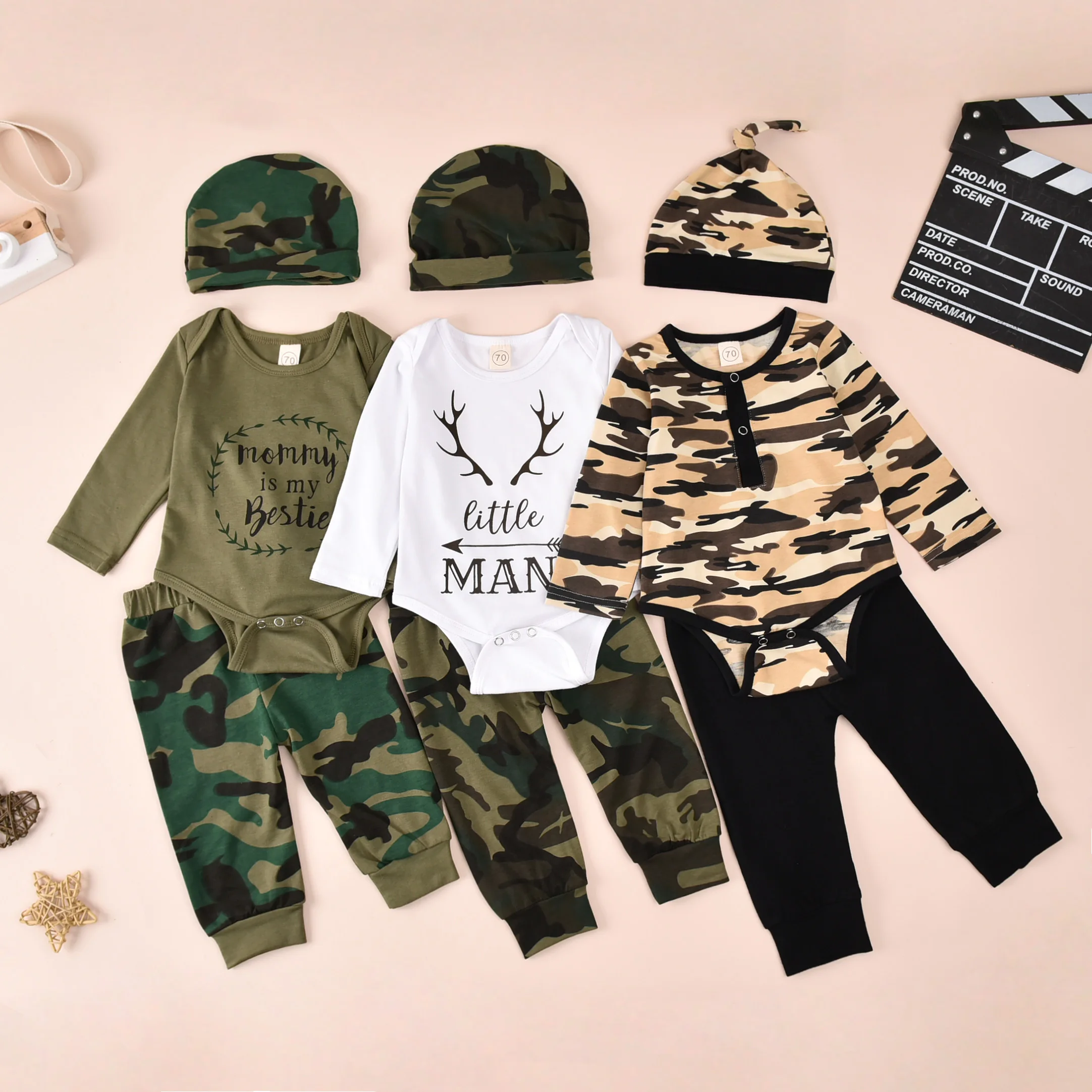 

Baby Infant Long Sleeve Romper Trousers Hat Headband Camouflage Print Classic Round Neck Spring Xmas Outfits Christmas Clothing
