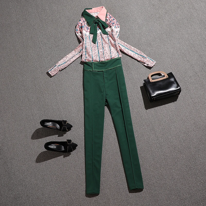 Весенний женский костюм, комплект одежды из 2 предметов, винтажный цветочный принт, банты, рубашки, блузки и тонкие брюки, комплект женских брюк, костюм NS355