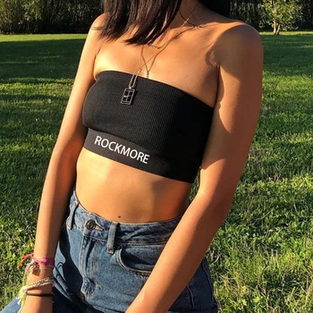 

Casual Summer Tube Top Women beachwear Letter Print Bandeau Top Strapless Off Shoulder Sexy Black Crop Top Streetwear