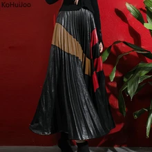 Черная плиссированная кожаная женская юбка, Осень-зима, тонкая высокая мода, Макси Длинная юбка из искусственной кожи, женские юбки длиной до лодыжки