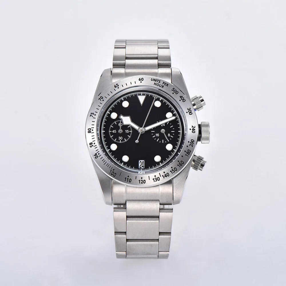 Schwarz Bay VK64 кварцевые часы хронограф с черным циферблатом 39 мм минеральное стекло алюминиевая рамка светящийся указатель стальной браслет 01