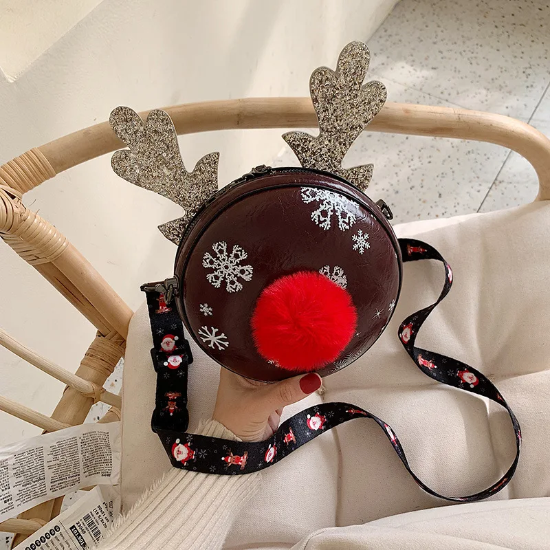 

2019 New Style Winter Christmas Elk Small round Bag Animal Shoulder Women's Bag