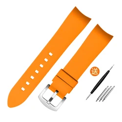 Premium Curved End Rubber Watchband - Multiple Sizes Available - 18mm (Orange silver buckle)