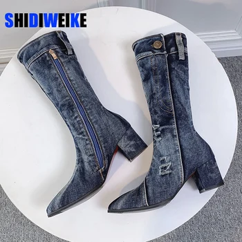 

Sexy Jean Boots Women's Mid Calf Boot Zipper High Heel Woman Stylish Jeans Boots Ladies Denim Boot Female Shoes Cowboy 2020 New