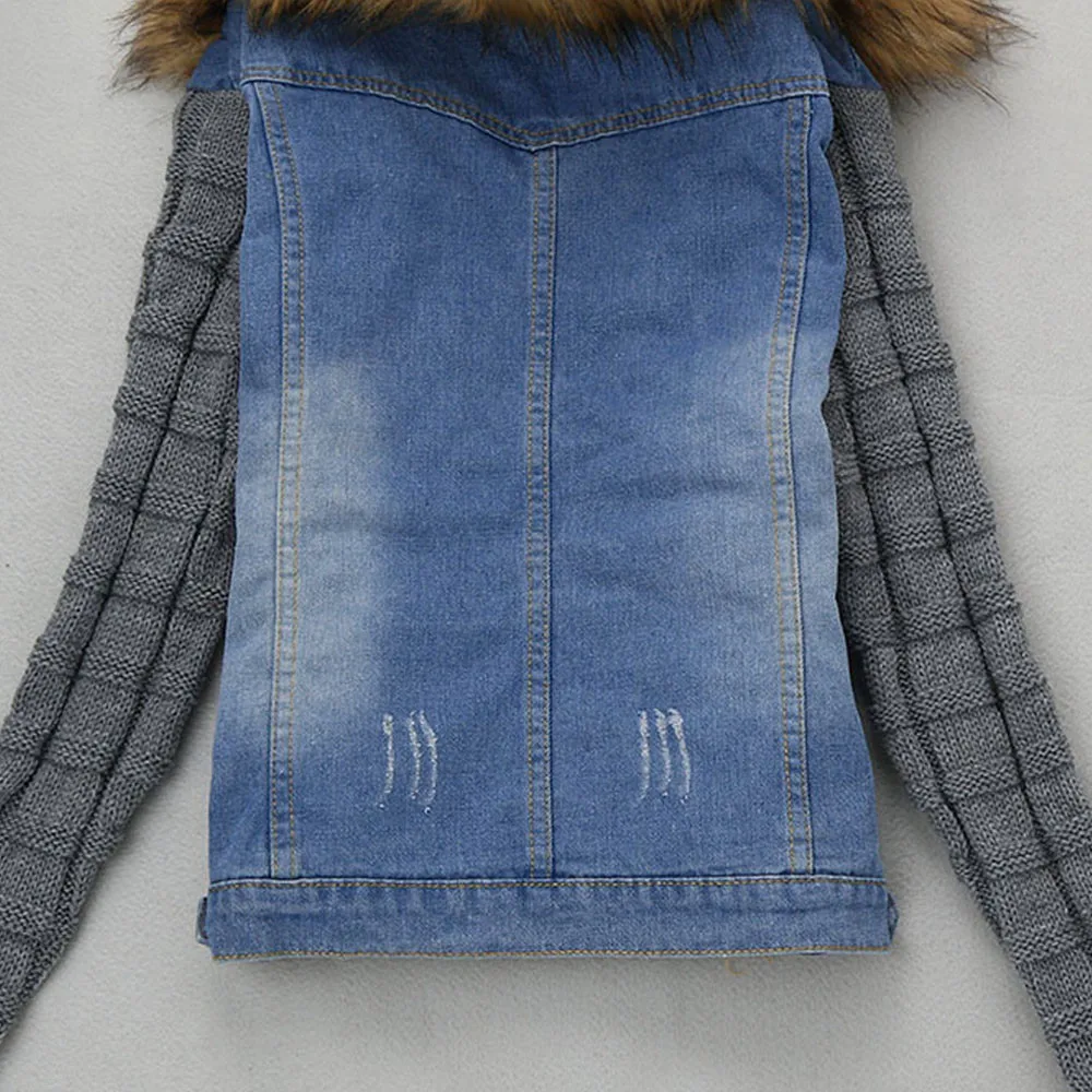 Женские куртки и пальто зимняя теплая джинсовая ковбойская джинсовая куртка с пуговицами и вязанными рукавами куртка с карманами Женское пальто