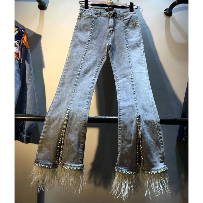 

Europe Women Slit Jeans Light Blue Ankle-length Rhinestone Pearl Flare Pants Stretch Denim Trousers Feathers Fashion Streetwear