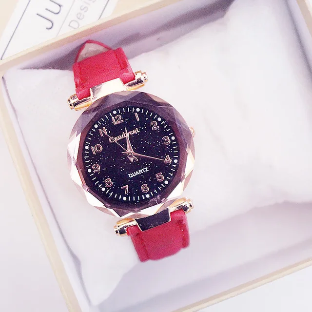 Женские часы Звездное небо женские часы-браслет повседневные кожаные женские кварцевые наручные часы женские часы reloj mujer relogio feminino - Цвет: Red Color