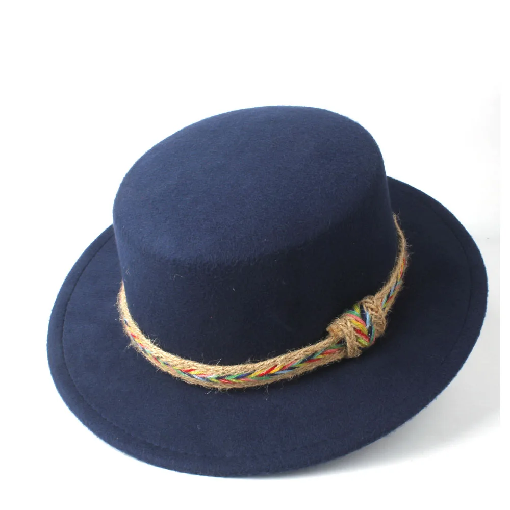 Женская шерстяная шляпа-федора с плоским верхом, элегантная женская Зимняя кепка с широкими полями, шапка для путешествий, Повседневная Кепка, размер 56-58 см - Цвет: Dark Blue