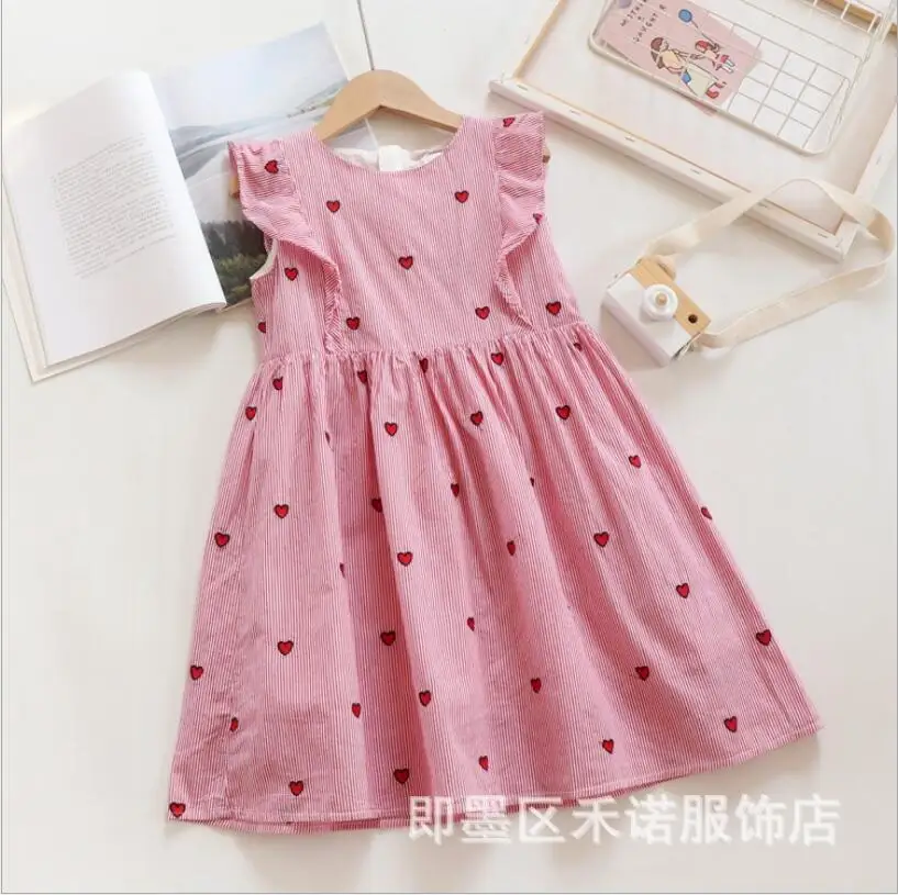 Летнее платье для девочек в полоску с принтом в виде сердца, платье с рисунком и рукавами-крылышками хлопковое Повседневные платья для маленьких девочек с рукавами-крылышками и милое платье Детская одежда, платье