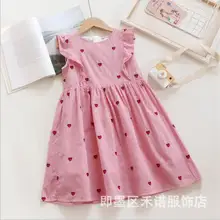 Летнее платье для девочек в полоску с принтом в виде сердца, платье с рисунком и рукавами-крылышками хлопковое Повседневные платья для маленьких девочек с рукавами-крылышками и милое платье Детская одежда, платье