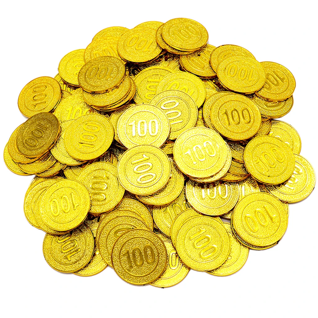 100 Pcs Plastic Pirate Gold Toy Coins Kids Birthday Party Favors Money Coins for Bosrd Game Playing