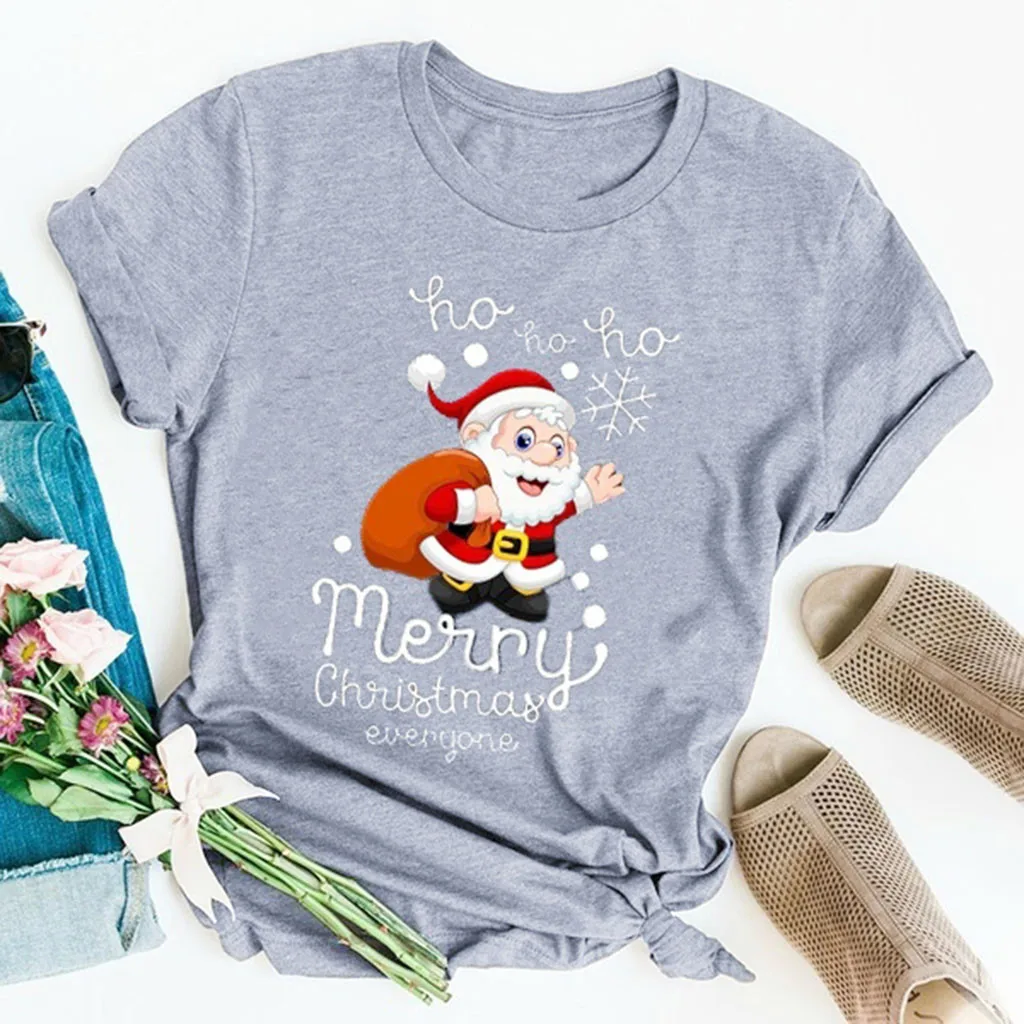 Забавная футболка с Санта Клаусом, Женская рождественская футболка с коротким рукавом и мультяшным принтом, базовая футболка, Рождественская женская футболка, топ, Camiseta Mujer - Цвет: Серый