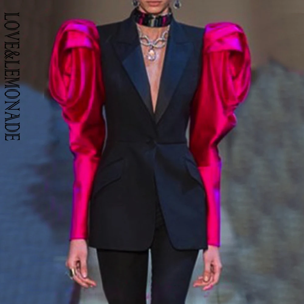 

LOVE&LEMONADE Black and Red Lapels Bubble Towering Sleeves Fit One-piece Suit LM9101