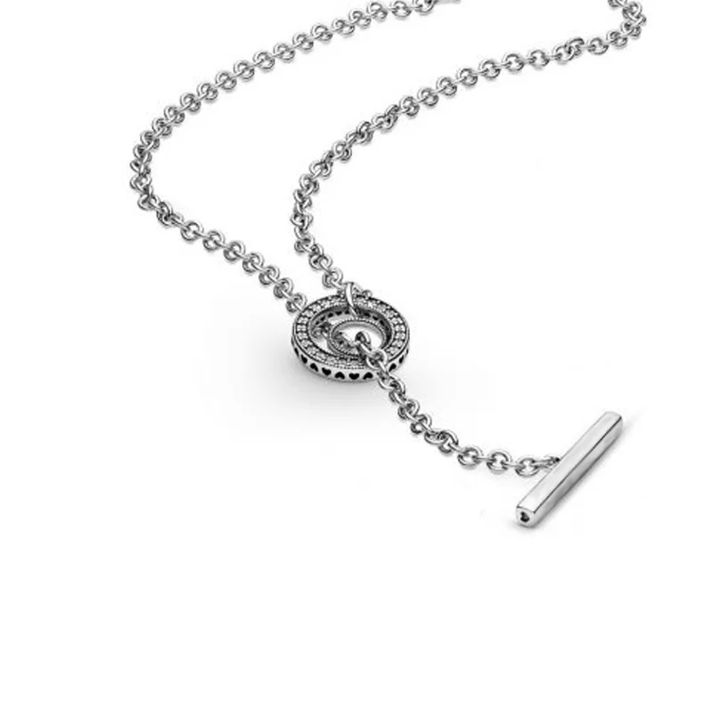 

2020 Autumn New S925 Sterling Silver Necklaces Pave Circle T-Bar Heart Necklace Fit Original Pandora Pendants Women Gift