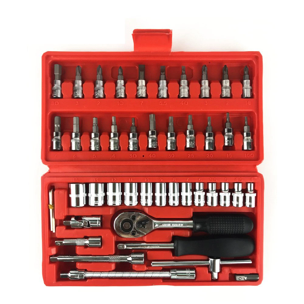 

Hot Selling 46Pcs Manual Car Repair Tool Box 1/4 Inch Socket Set Ratchet Torque Wrench Combination Tool Kit Household Tool Box