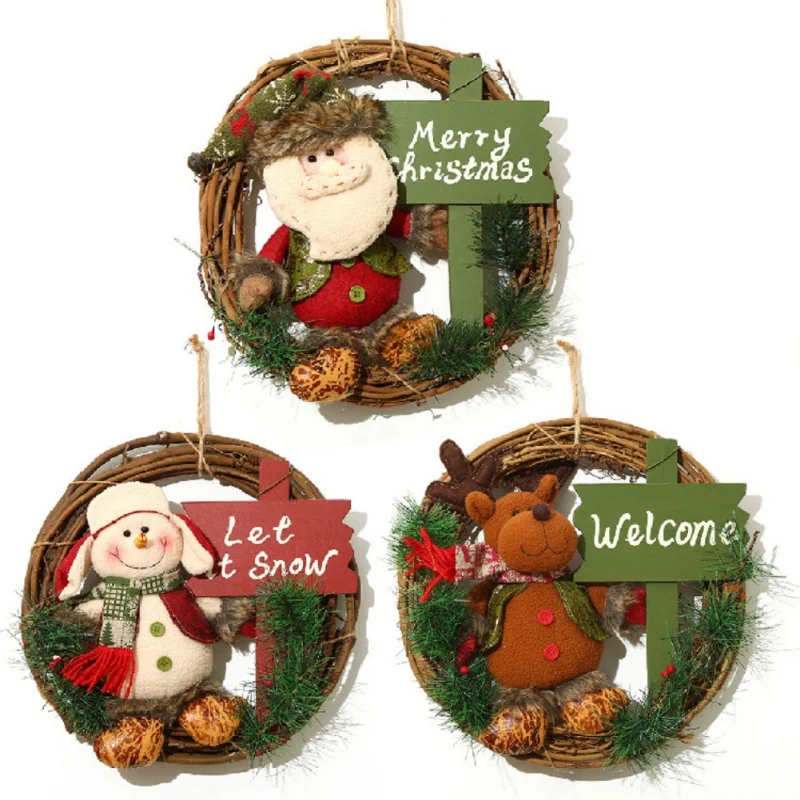 Рождественский венок из ротанга, гирлянда с плюшевыми куклами, Санта Клаус/Снеговик/олень, подвесной кулон для украшения двери, стены, окна