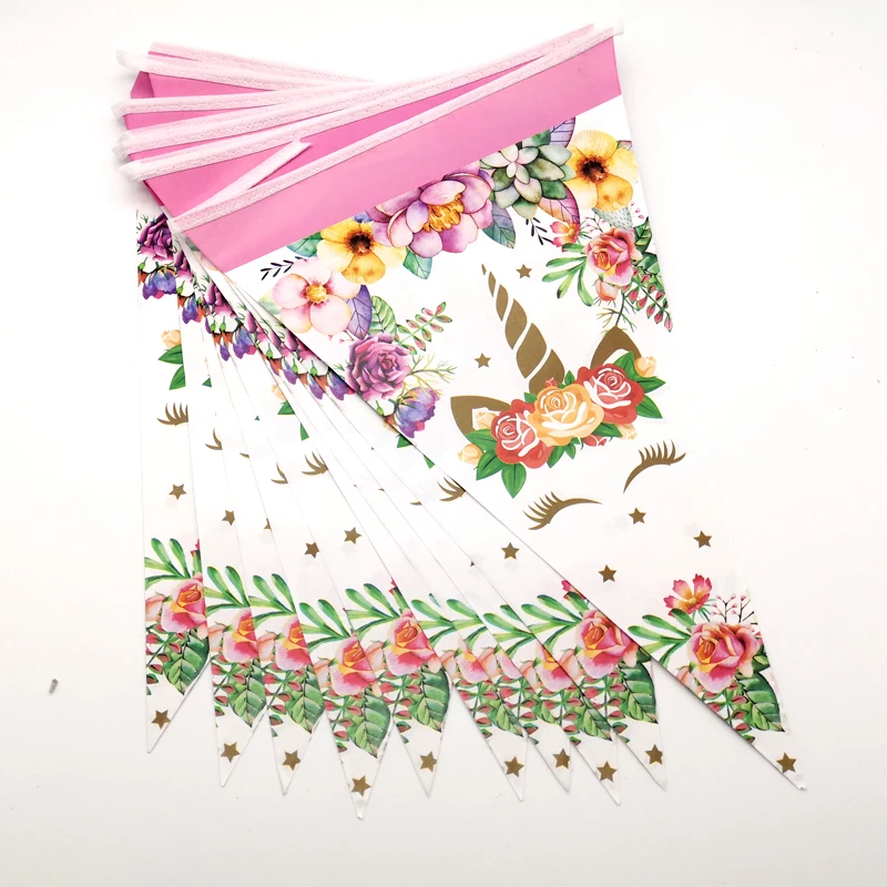 

1set Baby Shower Wedding Party Flower Unicorn Design Paper Flags Hanging Banner Grils Favors Happy Birthday Decorate Pennants