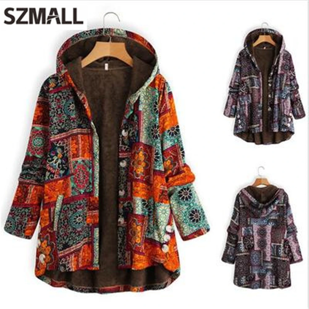 SZMALL Новейшее модное длинное пальто с принтом в стиле бохо, женский зимний теплый кардиган с капюшоном, верхняя одежда на пуговицах, куртки, топы, женские уличные пальто