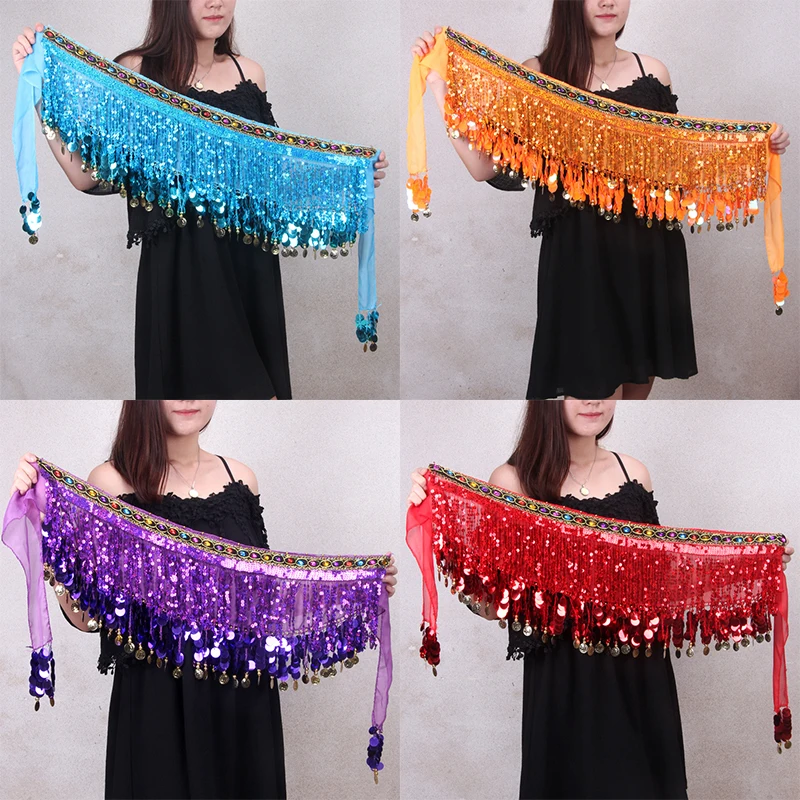 

2021 New Belly Dance Waist Chain Hip Scarf for Women Bellydance Coins Belt Dancing Waist Belt Wrap Sequins Coin Chiffon Skirts